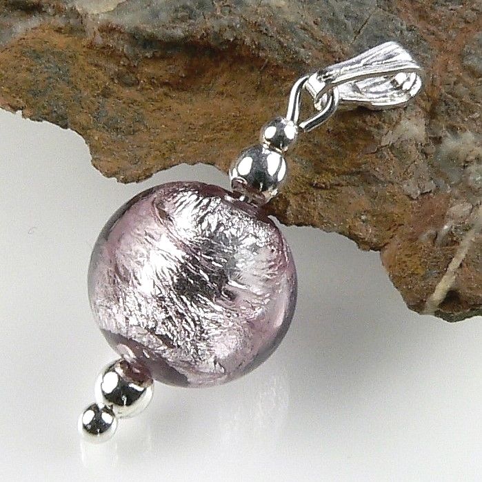 pale rose & silver Murano glass pendant necklace