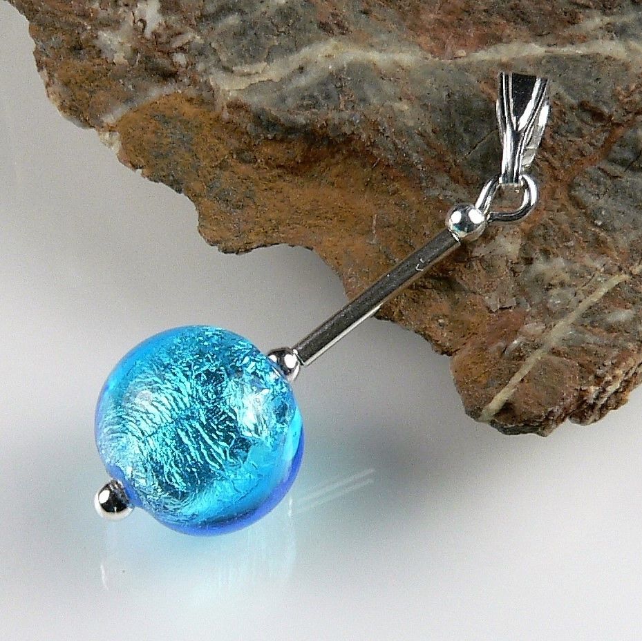 Sterling silver & 10mm (+/-) Murano glass pendant, with/out a chain, in a gift box (Aquamarine & Silver)