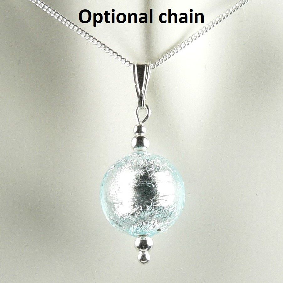 Sterling silver & 10mm (+/-) Murano glass pendant, with/out a chain, in a gift box (Pale Blue & Silver) 20246