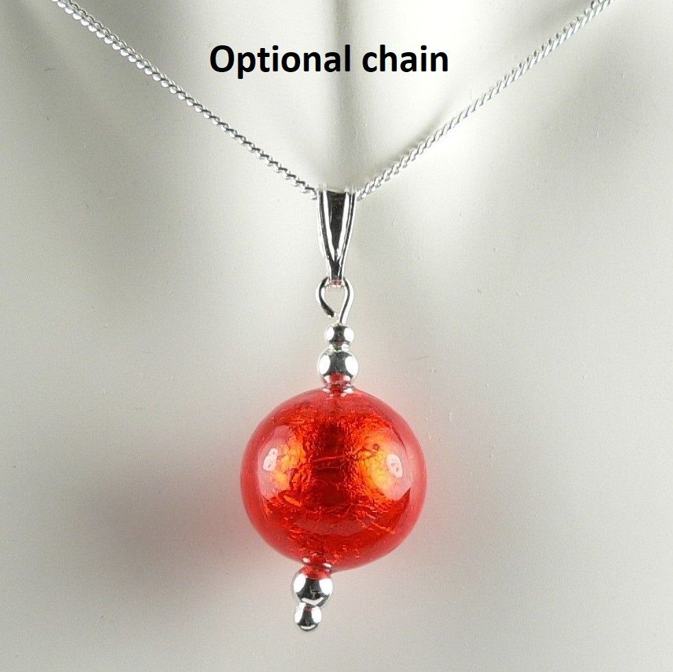 Sterling silver & 10mm (+/-) Murano glass pendant, with/out a chain, in a gift box (Red & Gold) 20664