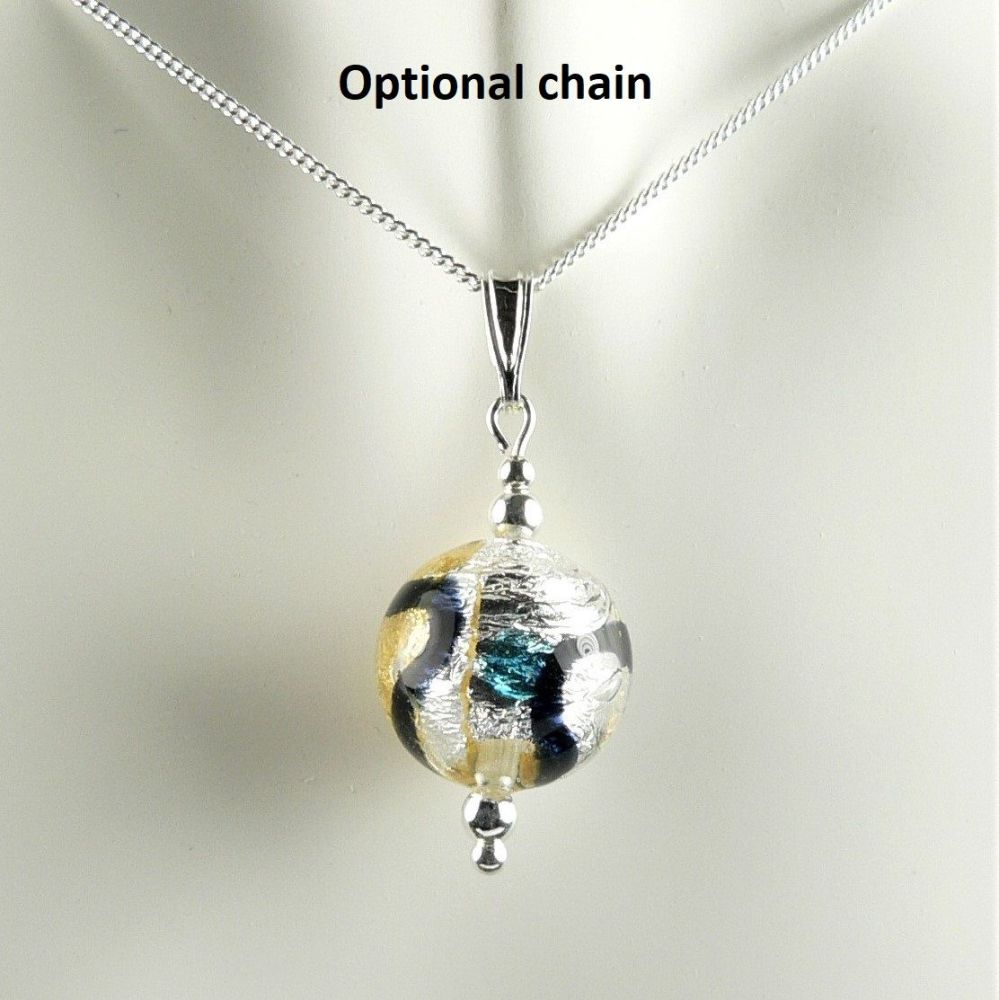 Sterling silver & 10mm (+/-) Murano glass pendant, with/out a chain, in a gift box (Black Blue Silver Gold) 20572