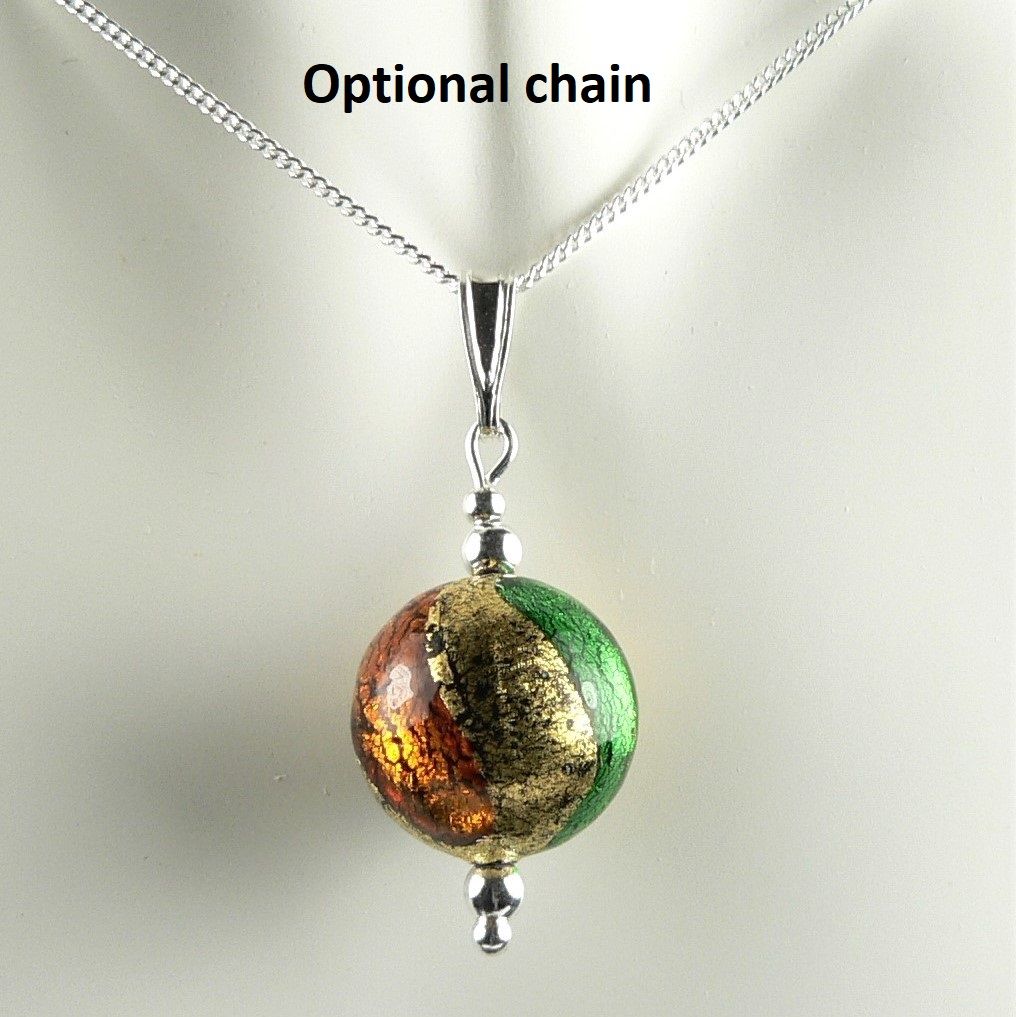 Sterling silver & 10mm (+/-) Murano glass pendant, with/out a chain, in a gift box (Orange Green Gold) 20701