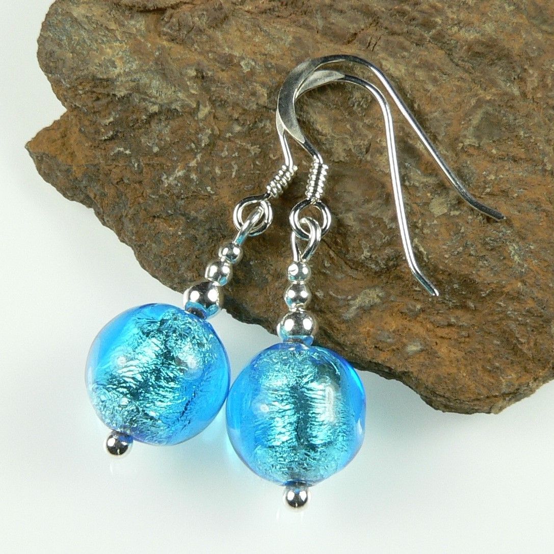 Sterling silver & 10mm (+/-) Murano glass drop earrings in a gift box (Aquamarine & Silver)