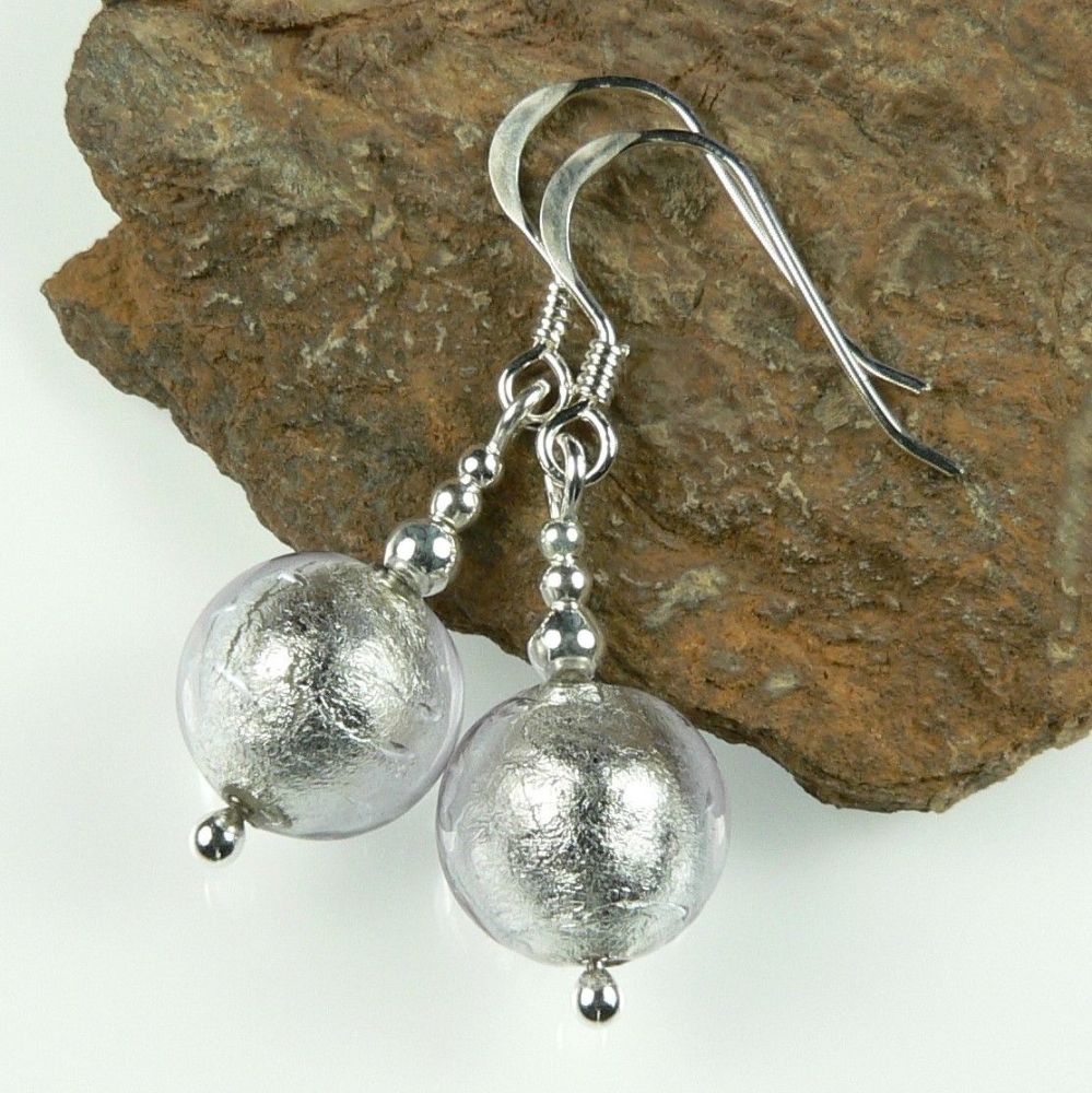 Sterling silver & 10mm (+/-) Murano glass drop earrings in a gift box (Amethyst & Silver)