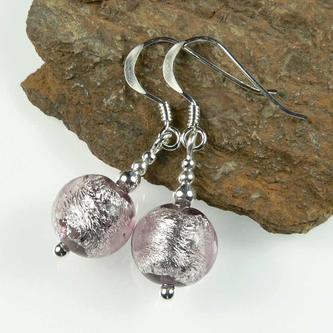 Sterling silver & 10mm (+/-) Murano glass drop earrings in a gift box (Pale Rose & Silver)