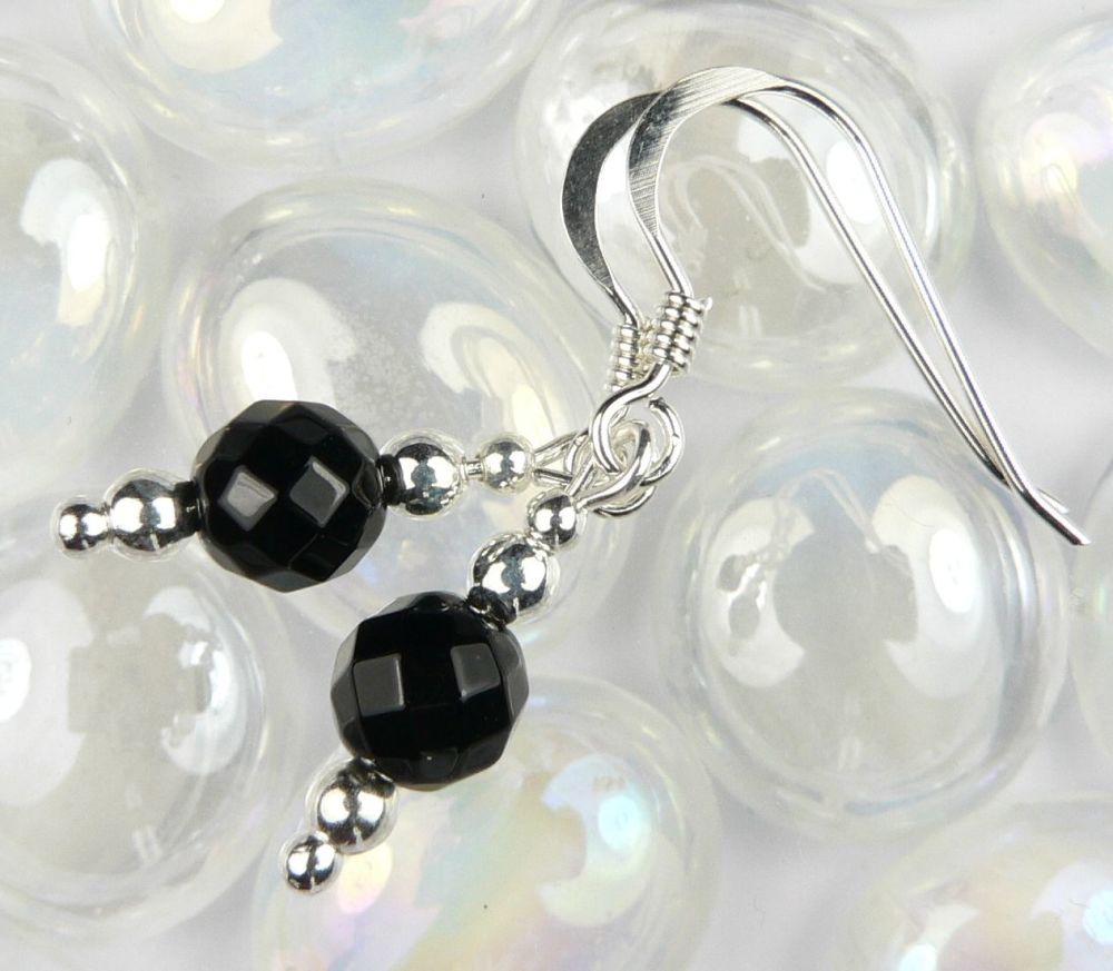 Sterling silver 6mm (+/-) faceted Black Onyx semi-precious stone drop earrings, in a gift box