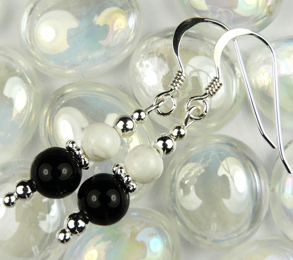 Sterling silver Black Onyx & White Howlite semi-precious stone drop earrings - 6mm & 4mm (+/-), in a gift box