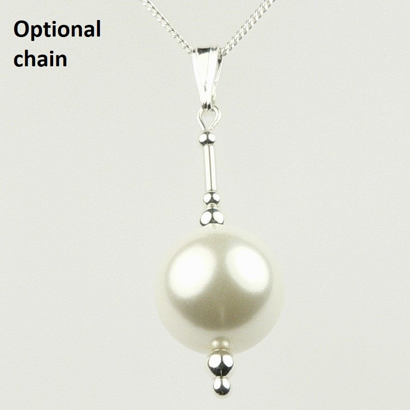 With/without a fine curb chain, sterling silver & shell pearl pendant, in a gift box - 12mm (+/-) white (M)