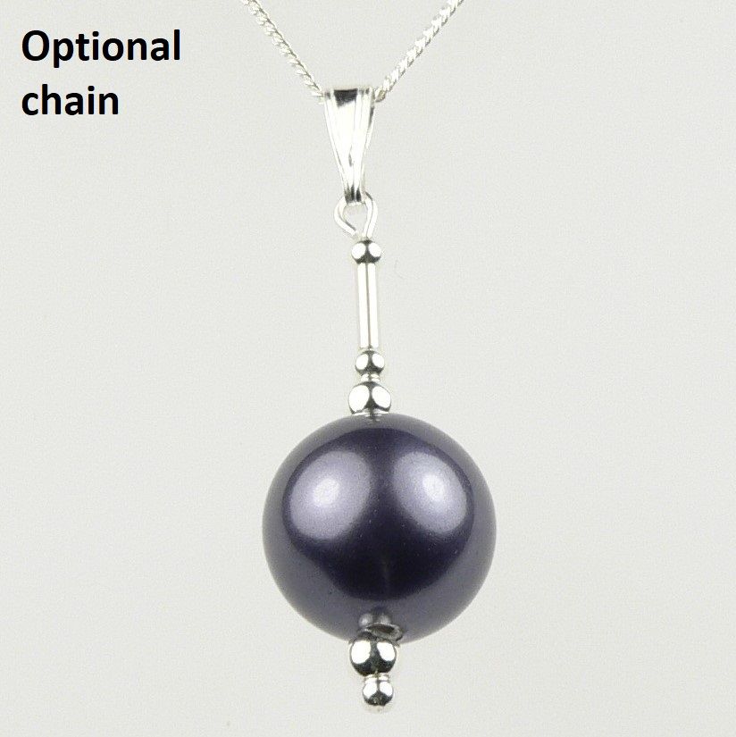 With/without a fine curb chain, sterling silver & shell pearl pendant, in a gift box - 12mm (+/-) midnight (M)