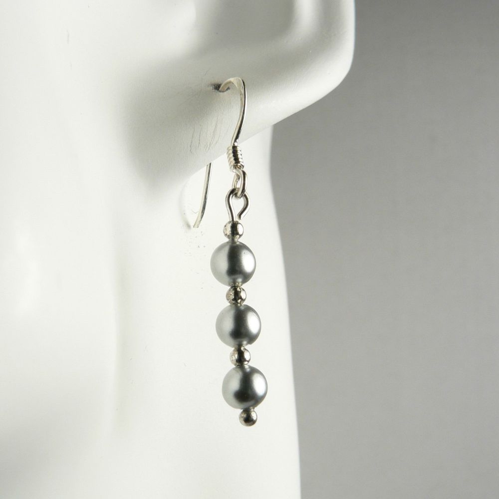 Pair of sterling silver 4mm shell pearl drop earrings, in a gift box  - choice of wires - light grey