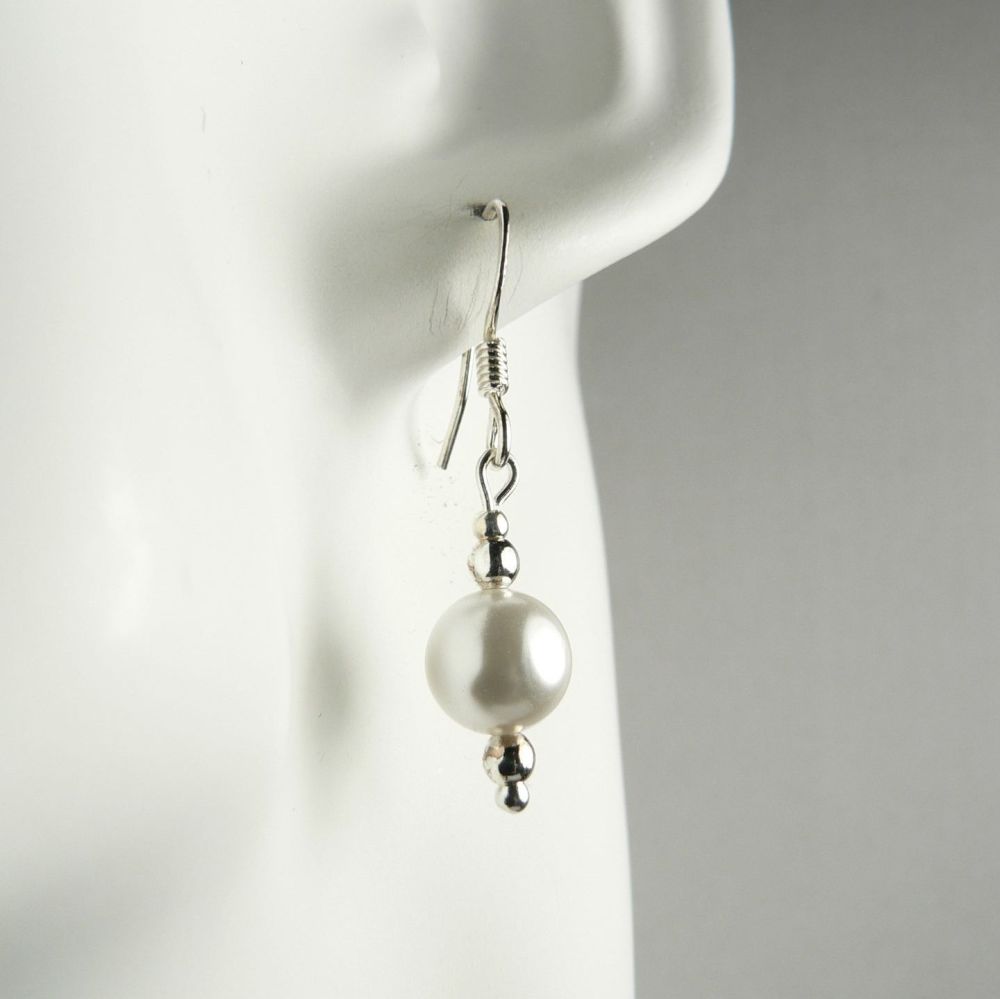 Sterling silver 8mm shell pearl drop earrings, in a gift box  - choice of wires - white