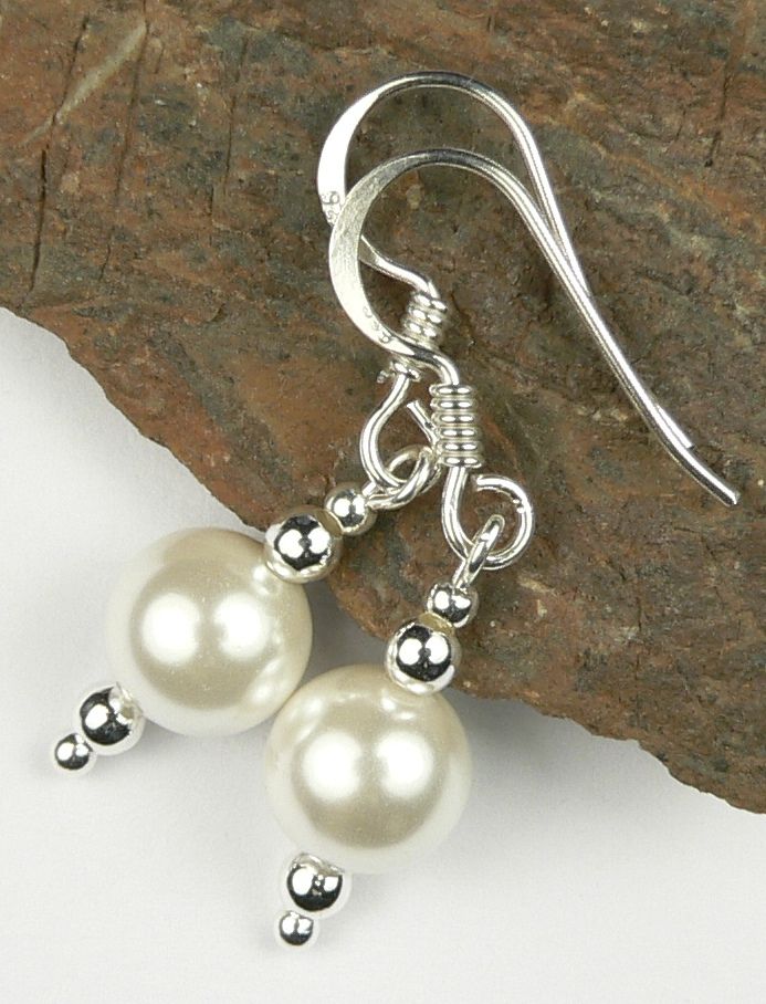 Sterling silver 8mm shell pearl drop earrings, in a gift box  - choice of wires - white