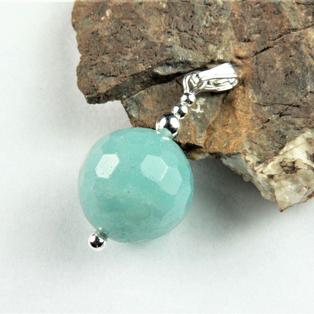 Sterling silver 12mm (+/-) faceted Amazonite semi-precious stone pendant, with optional chain, in a gift box