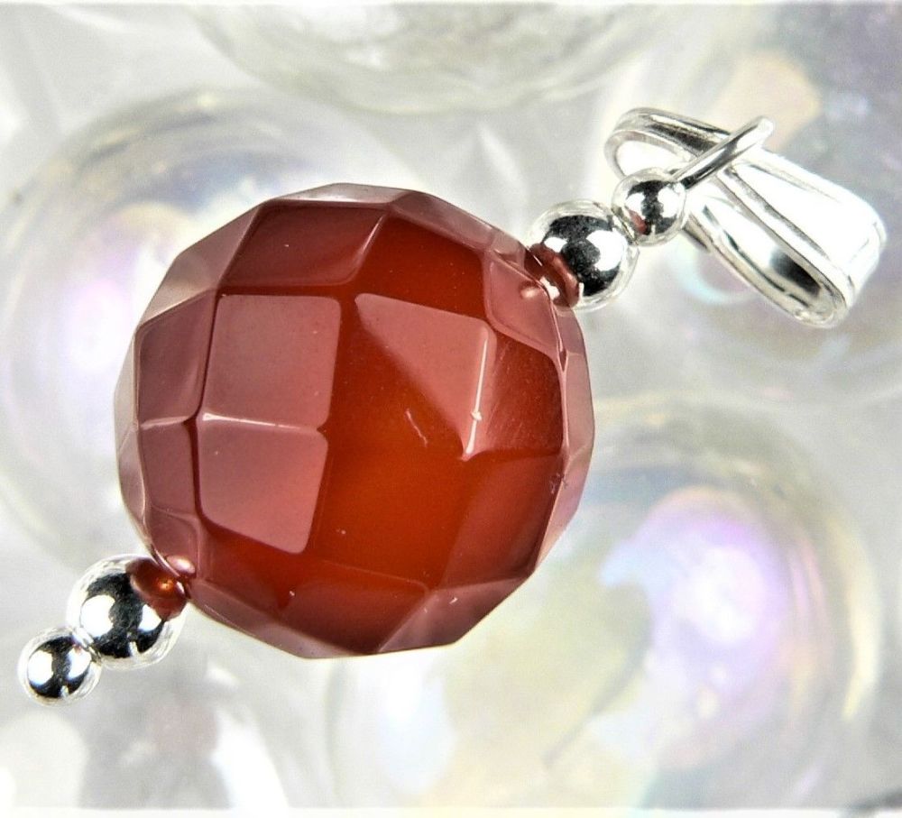 Sterling silver 12mm (+/-) faceted Carnelian semi-precious stone pendant, with optional chain, in a gift box