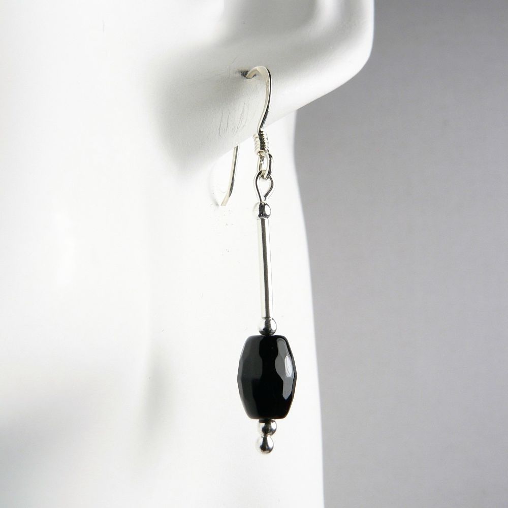 Sterling silver faceted Black Agate semi-precious stone drop earrings