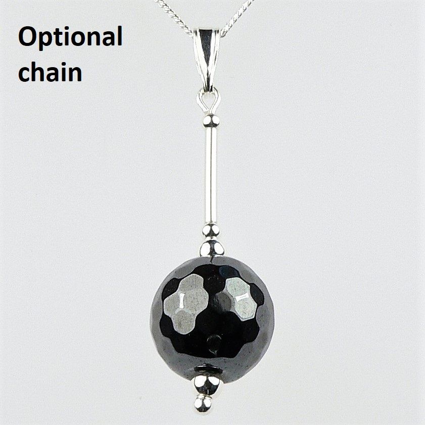 Sterling silver 10mm (+/-) faceted Hematite semi-precious stone pendant, with optional chain, in a gift box (L)