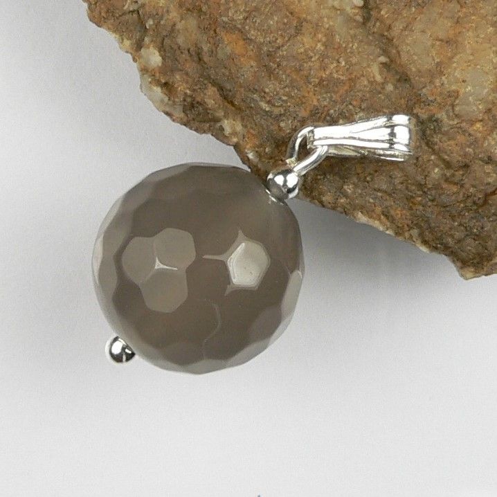 Sterling silver 12mm (+/-) faceted Grey Agate semi-precious stone pendant, with optional chain, in a gift box
