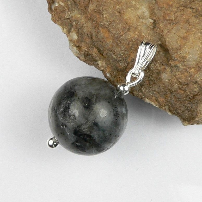 Sterling silver 12mm (+/-) Larvikite semi-precious stone pendant, with optional chain, in a gift box