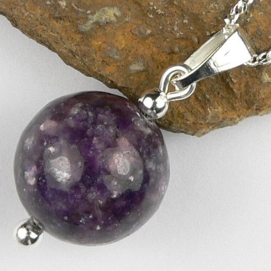 Sterling silver 12mm (+/-) Lepidolite semi-precious stone pendant, with optional chain, in a gift box