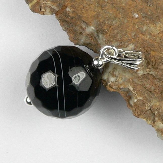 Sterling silver 12mm (+/-) faceted Banded Agate semi-precious stone pendant, with optional chain, in a gift box