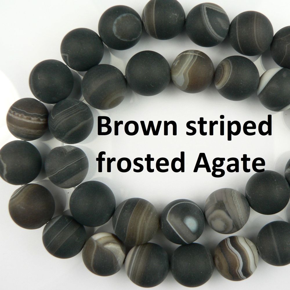Sterling silver 12mm (+/-) Brown striped frosted Agate semi-precious stone pendant, with optional chain, in a gift box