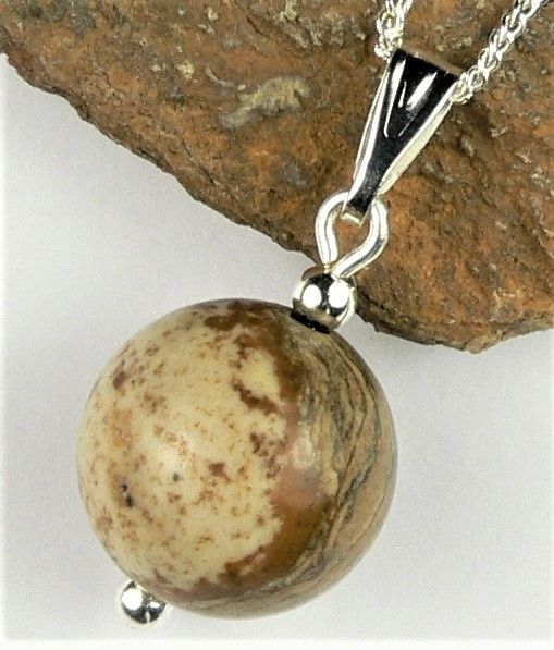 Sterling silver 12mm (+/-) Picture Jasper semi-precious stone pendant, with optional chain, in a gift box