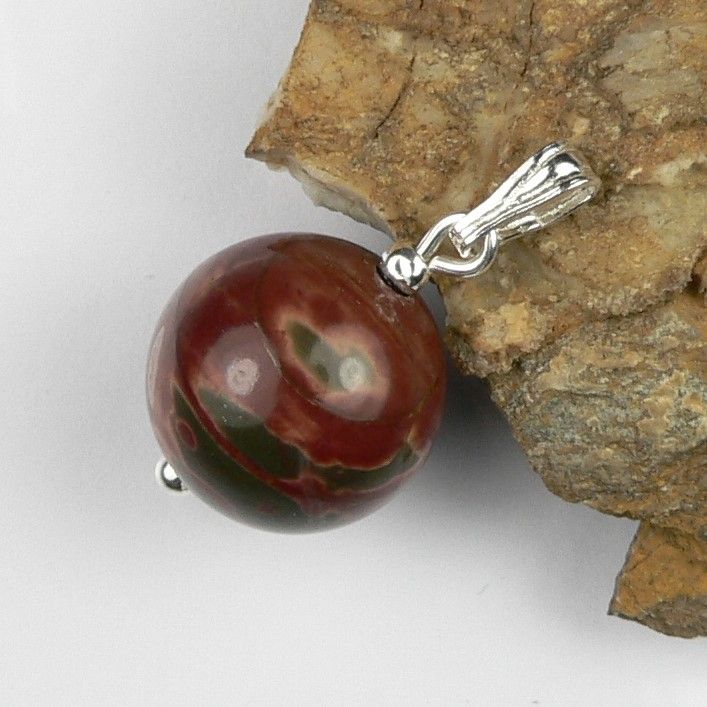 Sterling silver 12mm (+/-) Red Creek Jasper semi-precious stone pendant, with optional chain, in a gift box