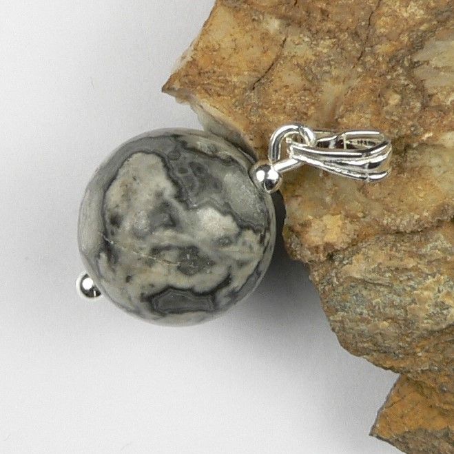 Sterling silver 12mm (+/-) Scenery Jasper semi-precious stone pendant, with optional chain, in a gift box