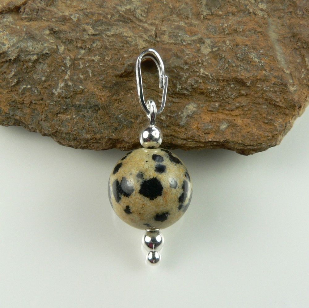 Sterling silver 10mm (+/-) Dalmatian Jasper semi-precious stone pendant, with optional chain, in a gift box