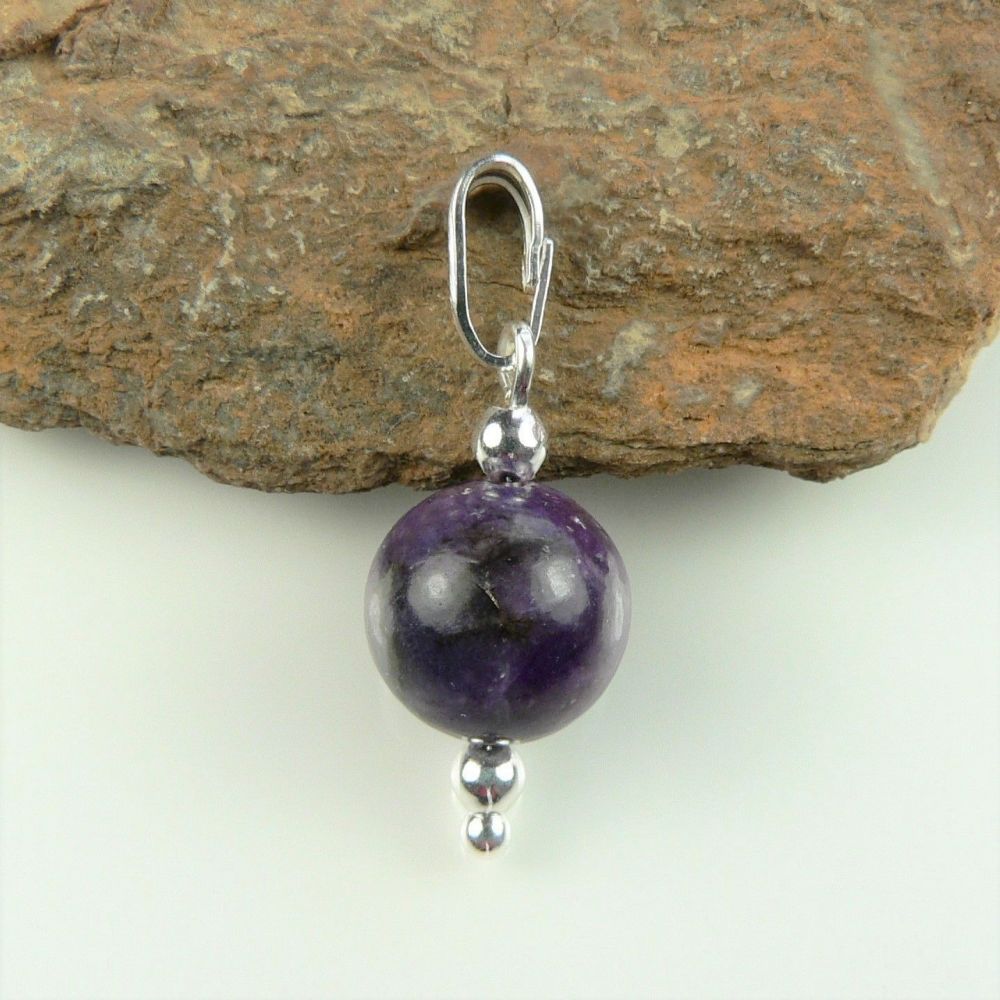 Sterling silver 10mm (+/-) Lepidolite semi-precious stone pendant, with optional chain, in a gift box