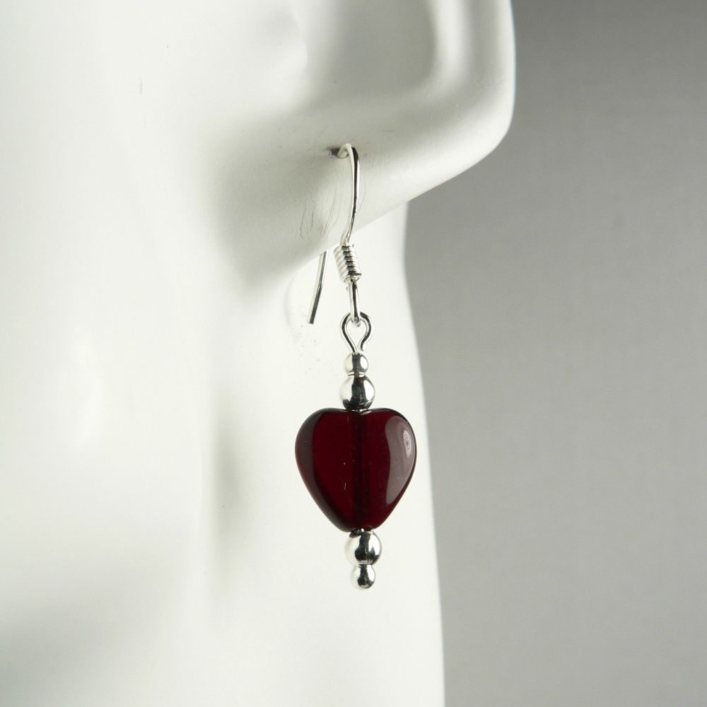 Sterling silver Czech glass dark red heart earrings, in a gift box - glass beads 10mm (+/-).  Available on fish or kidney wires.