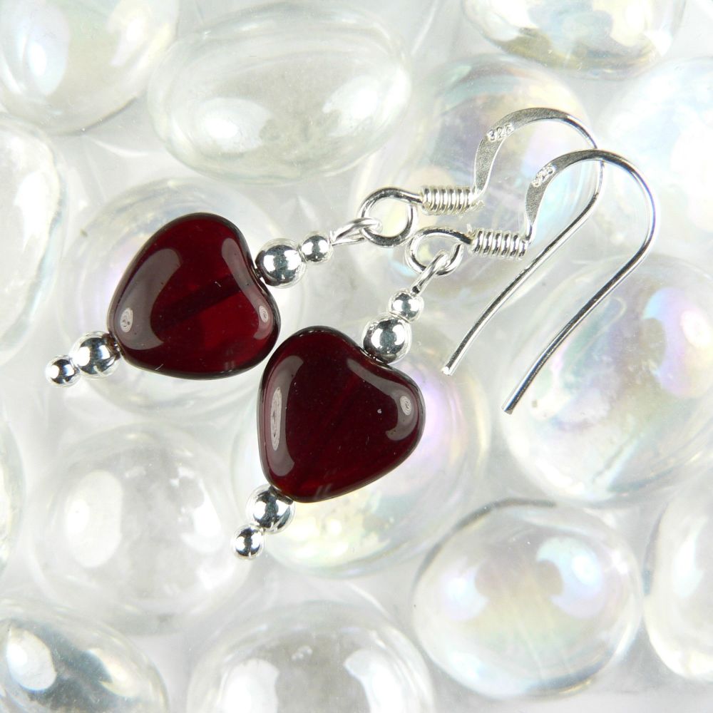 Sterling silver Czech glass dark red heart earrings, in a gift box - glass beads 10mm (+/-).  Available on fish or kidney wires.