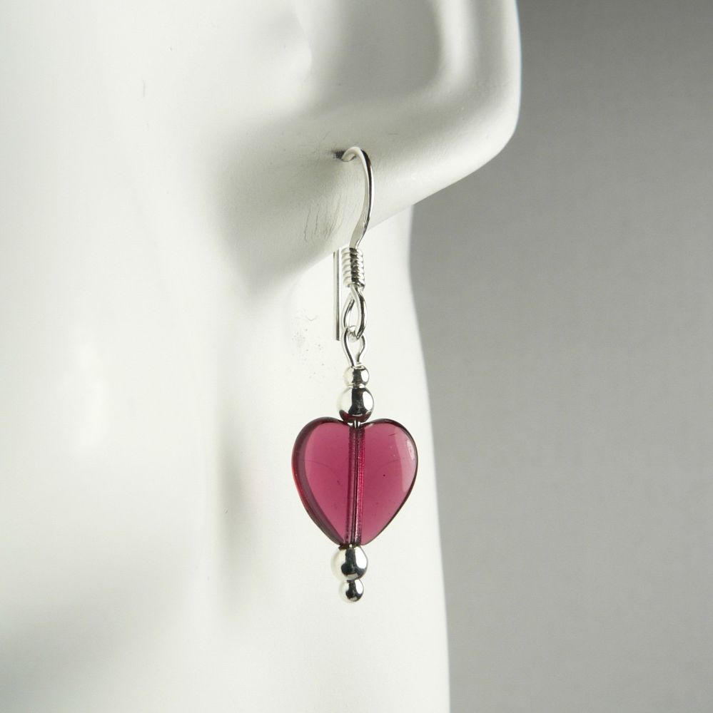 Sterling silver Czech glass cranberry heart earrings, in a gift box - glass beads 10mm (+/-).  Available on fish or kidney wires.