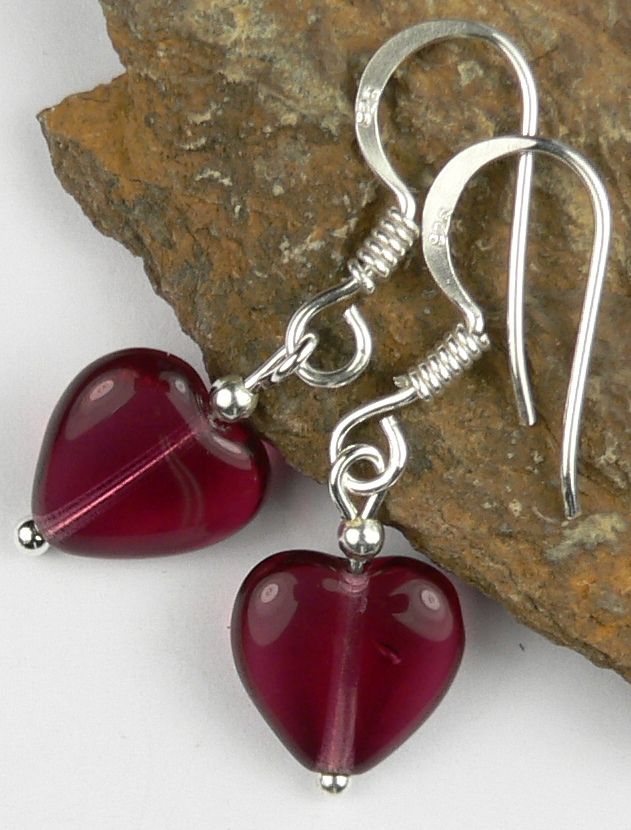 Sterling silver Czech glass cranberry heart earrings, in a gift box - glass beads 10mm (+/-).  Available on fish or kidney wires.
