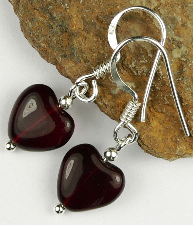 Sterling silver Czech glass dark red heart earrings, in a gift box - glass beads 10mm (+/-).  Available on fish or kidney wires.