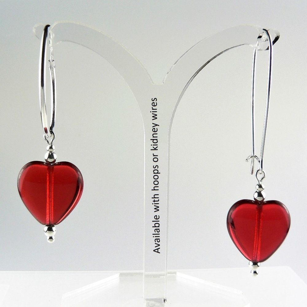 Sterling silver Czech glass red heart earrings, in a gift box - glass beads 15mm (+/-).  Available on hoops or kidney wires.