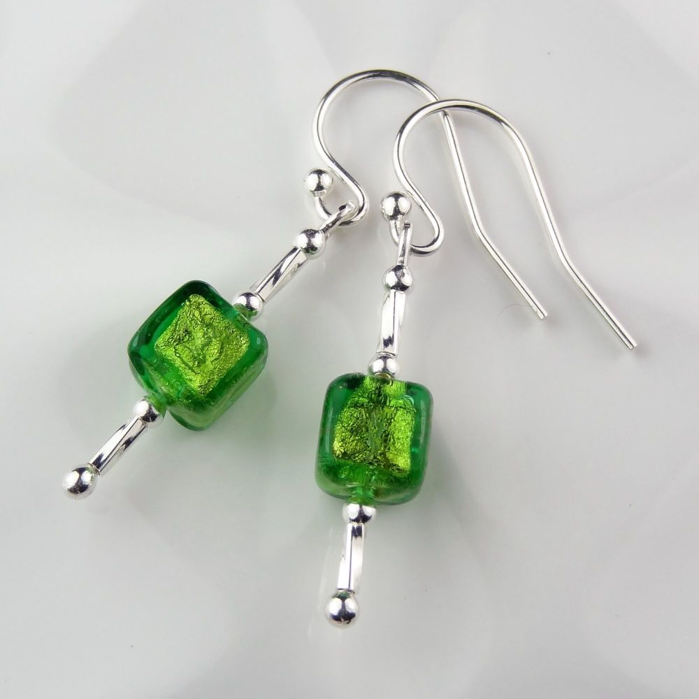 Sterling silver & 6mm (+/-) Murano glass cube earrings in a gift box (green & gold)