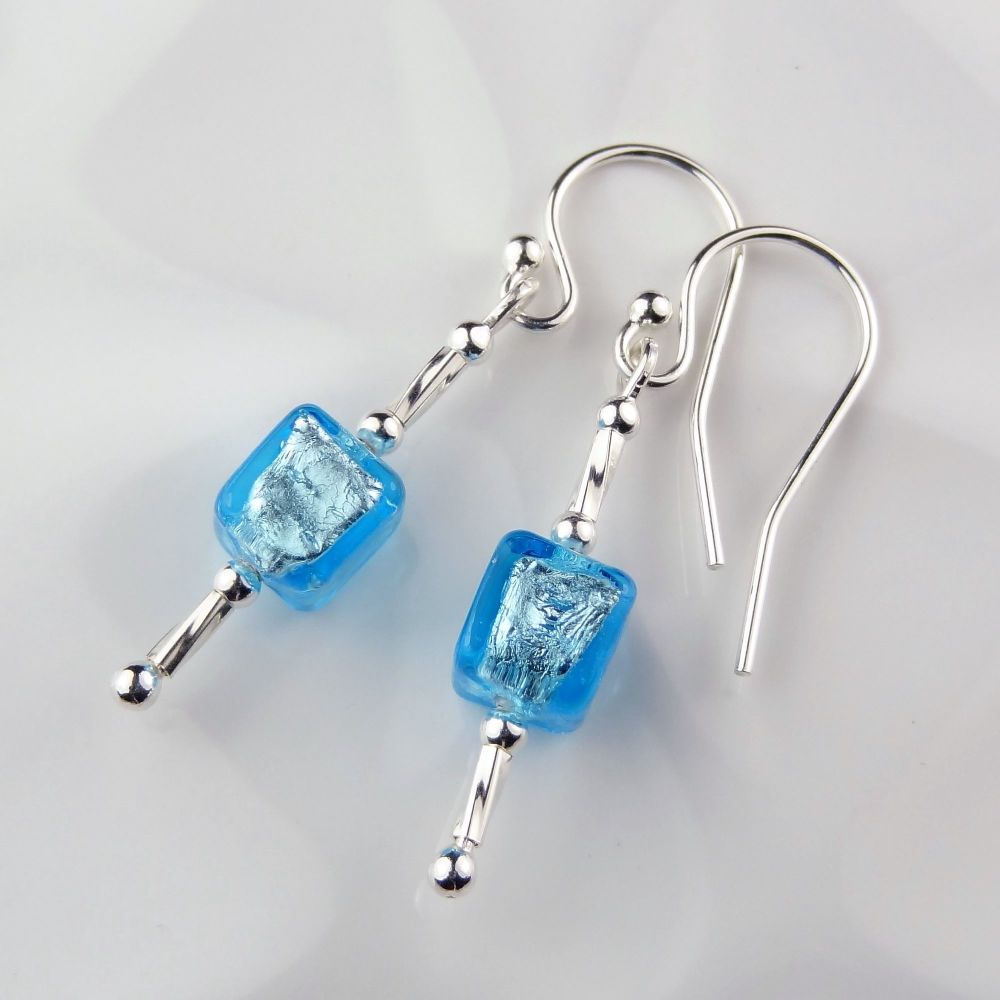 Sterling silver & 6mm (+/-) Murano glass cube earrings in a gift box (aquamarine & silver)