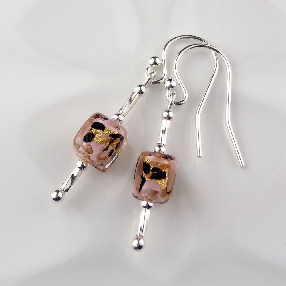 Sterling silver & 6mm (+/-) Murano glass cube earrings in a gift box (pink leopard)