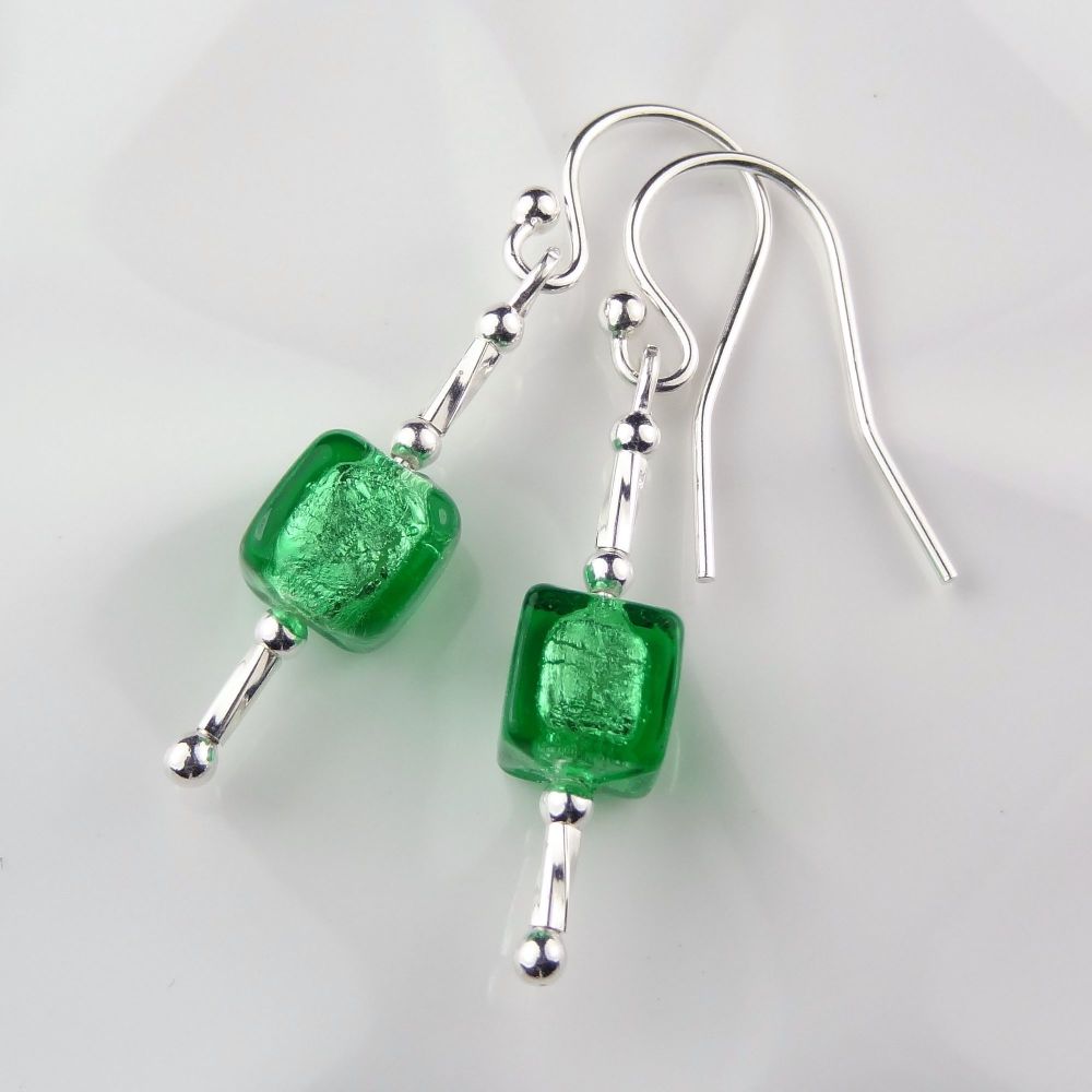 Sterling silver & 6mm (+/-) Murano glass cube earrings in a gift box (emerald & silver)