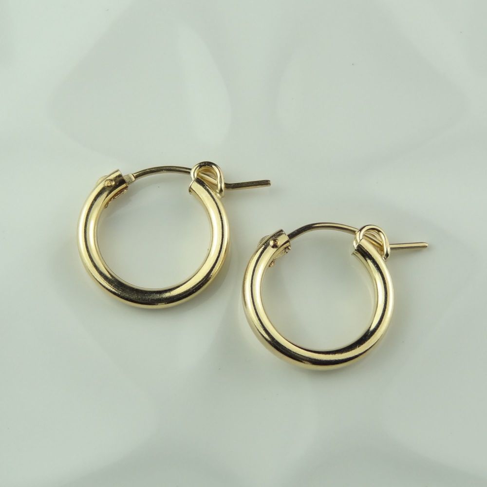 15mm 14k gold filled hinged hoop earrings, in a gift box