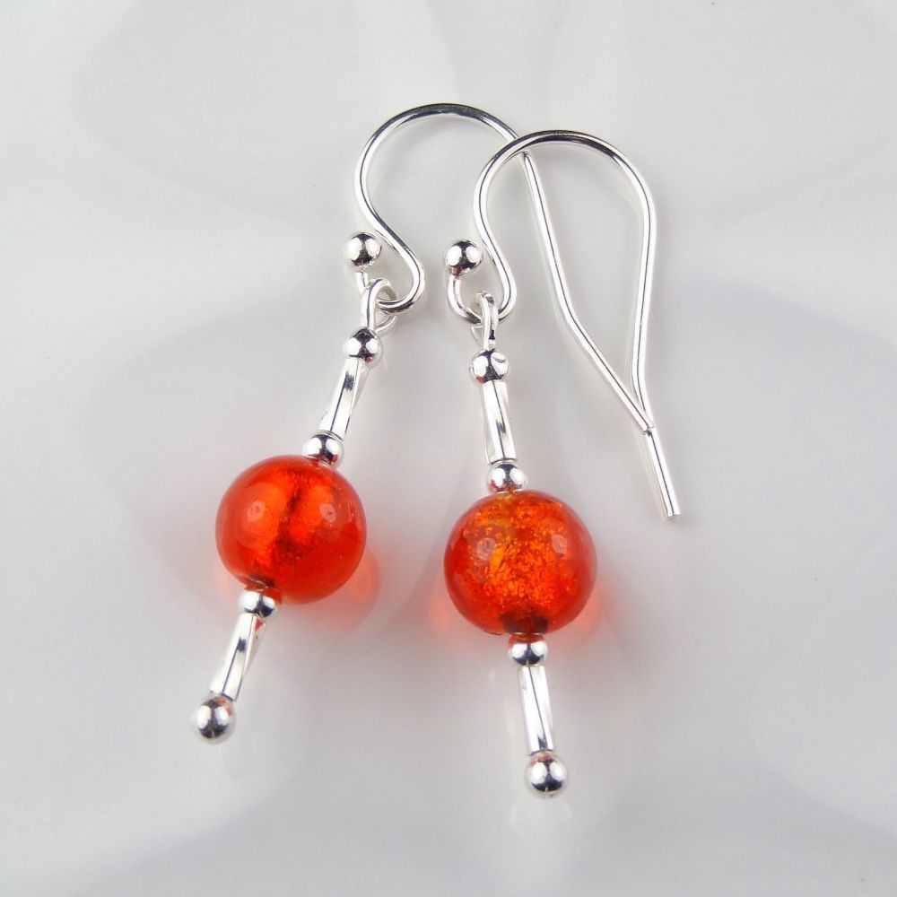 Sterling silver & 6mm (+/-) Murano glass drop earrings in a gift box (Red/Gold)