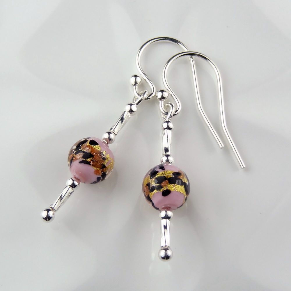 Sterling silver & 6mm (+/-) Murano glass drop earrings in a gift box (Pink Leopard)