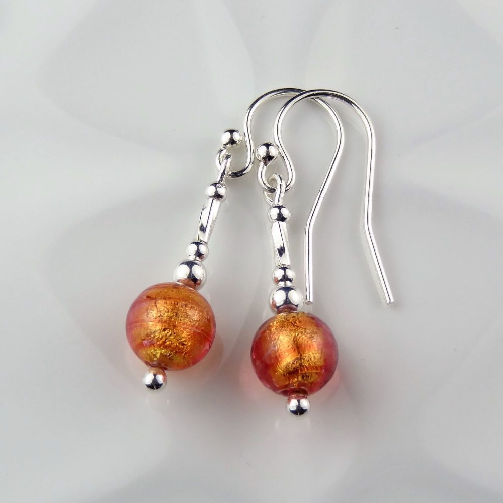 Sterling silver & 6mm (+/-) Murano glass drop earrings in a gift box (Copper & Gold)