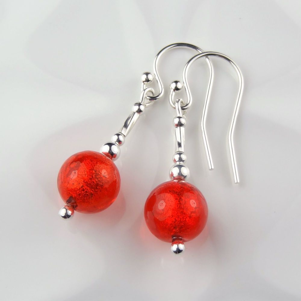 Sterling silver & 8mm (+/-) Murano glass drop earrings in a gift box (Red/G