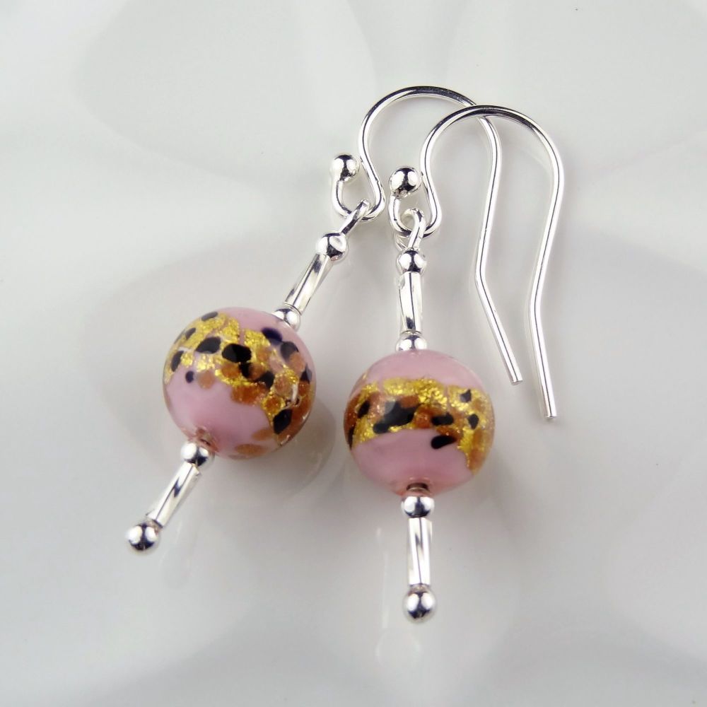 Sterling silver & 8mm (+/-) Murano glass drop earrings in a gift box (Pink Leopard)