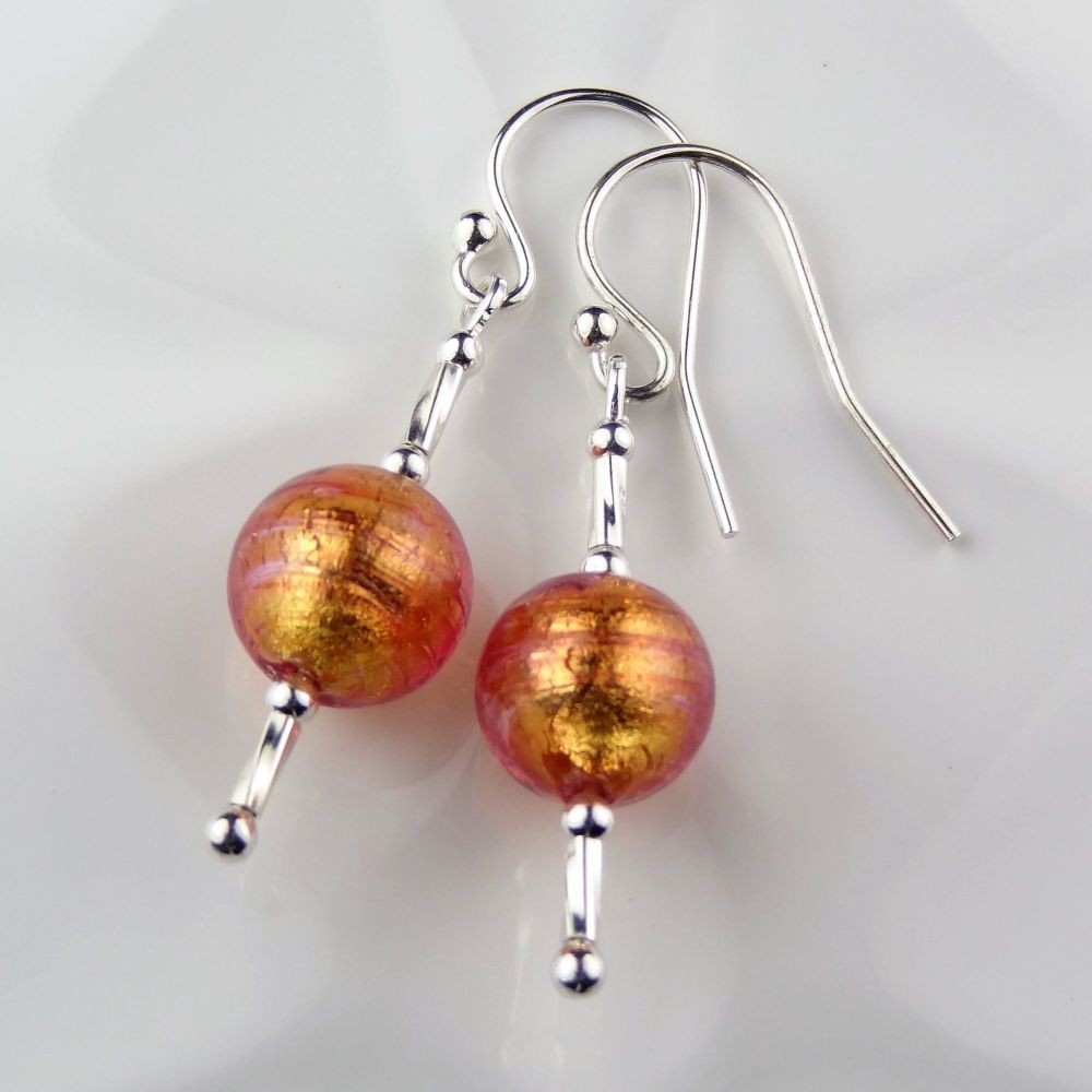 Sterling silver & 8mm (+/-) Murano glass drop earrings in a gift box (Copper & Gold)