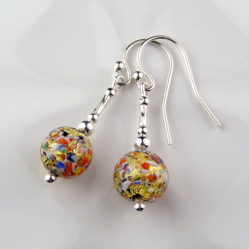 Sterling silver & 8mm (+/-) Murano glass drop earrings in a gift box (Multi