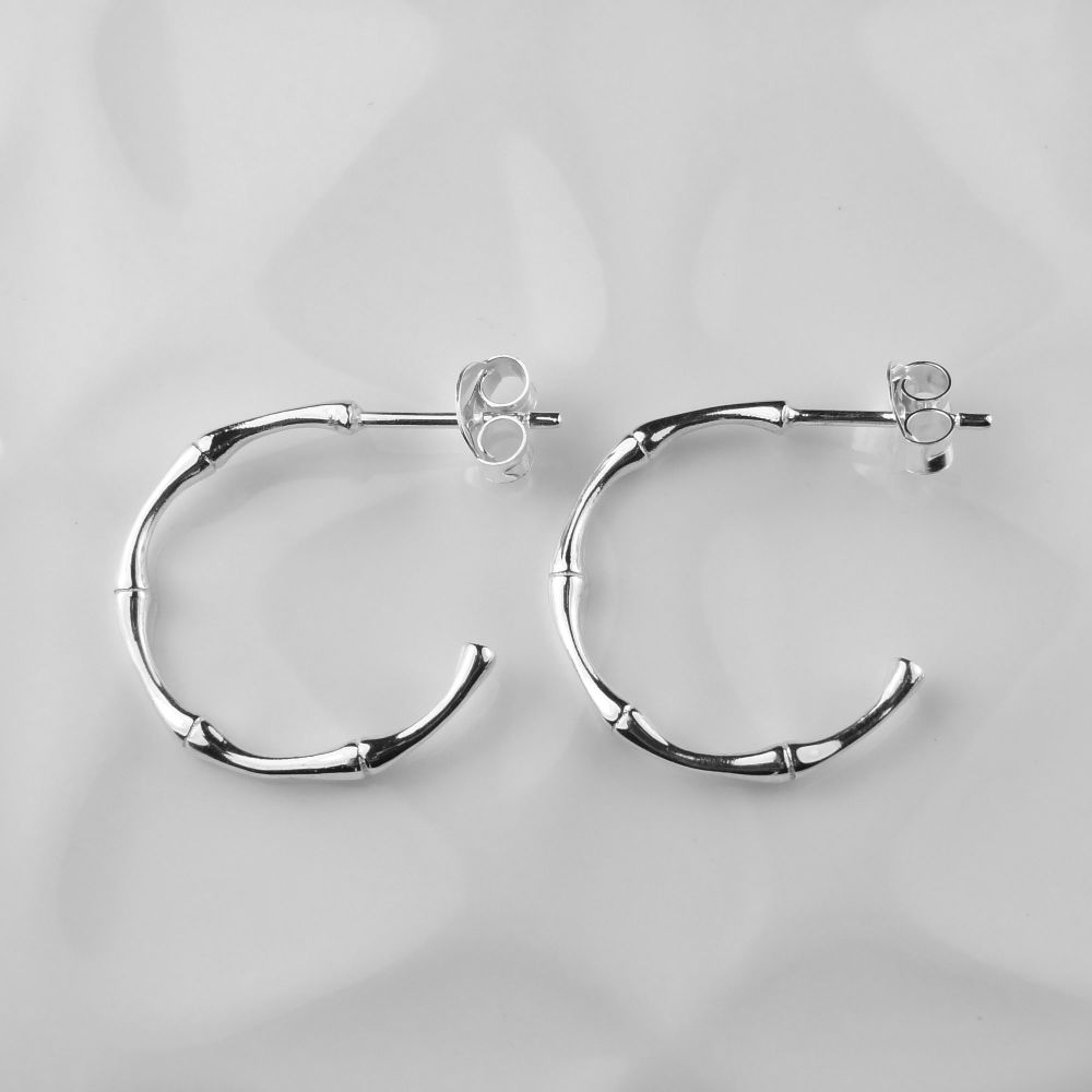 Sterling silver 20mm bamboo-style half hoop earrings, in a gift box with silver polishing cloth