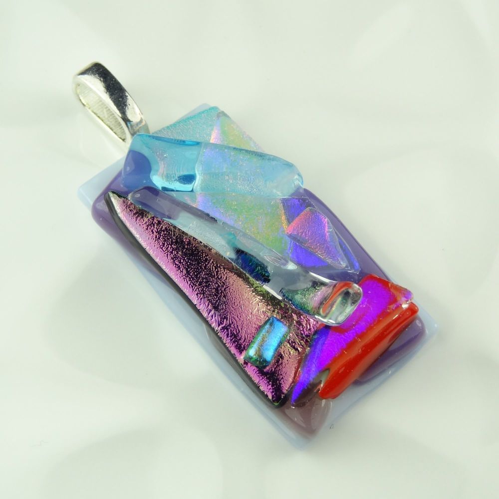 4.8cm multi-coloured textured dichroic glass pendant, with leather cord